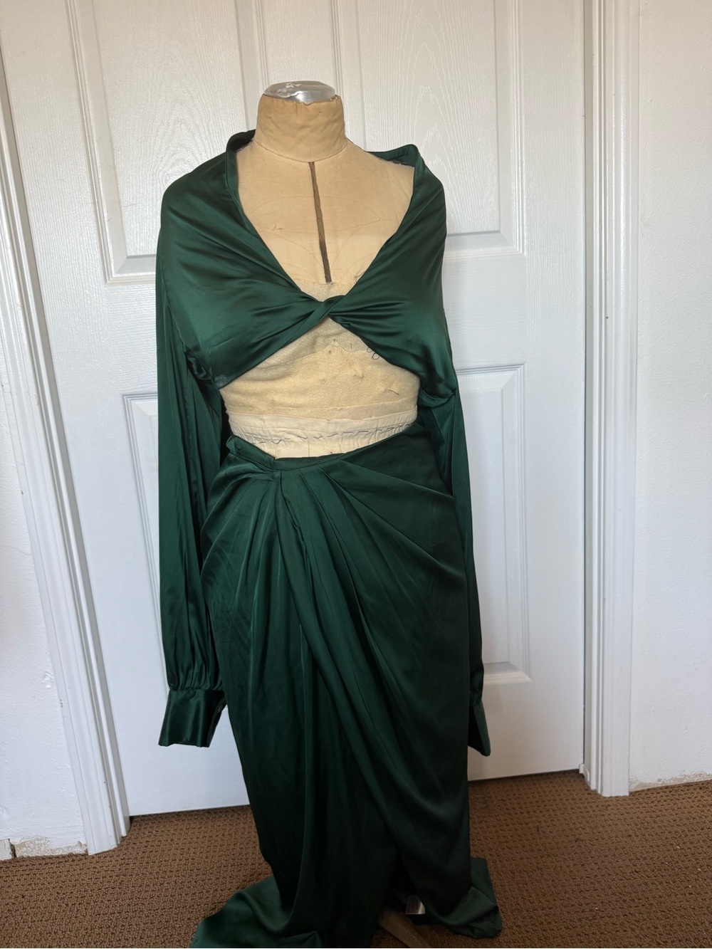 Fashion Nova Elegant Emerald Satin Wrap Maxi Skirt - Picture 4 of 7